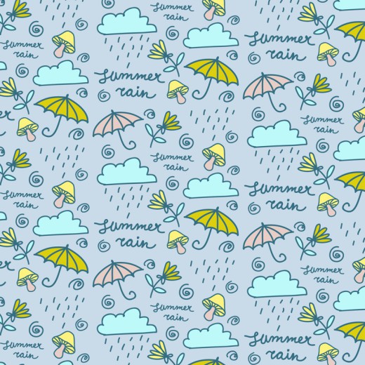 彩绘雨云和雨伞无缝背景矢量素材16设计网精选