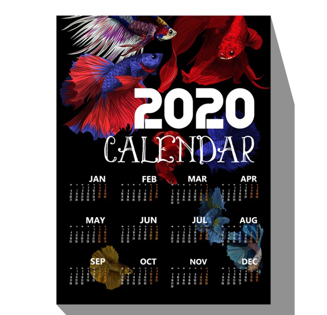 2020年彩绘金鱼年历设计矢量图16图库网精选