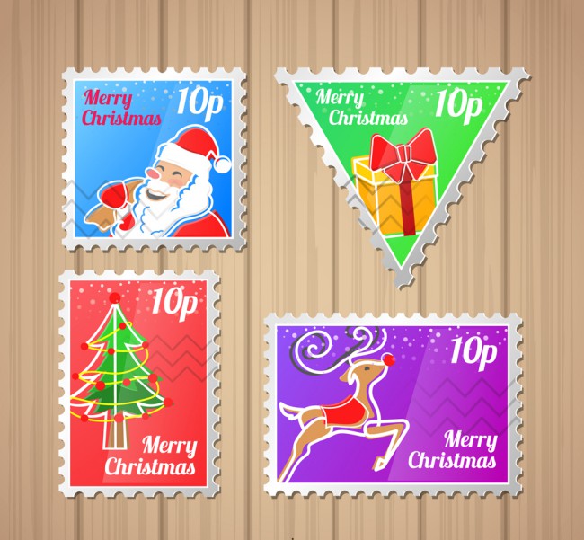 4款彩色圣诞节邮票矢量素材16图库网精选