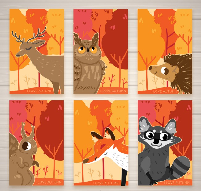 6款秋季森林动物卡片矢量素材16素材网精选