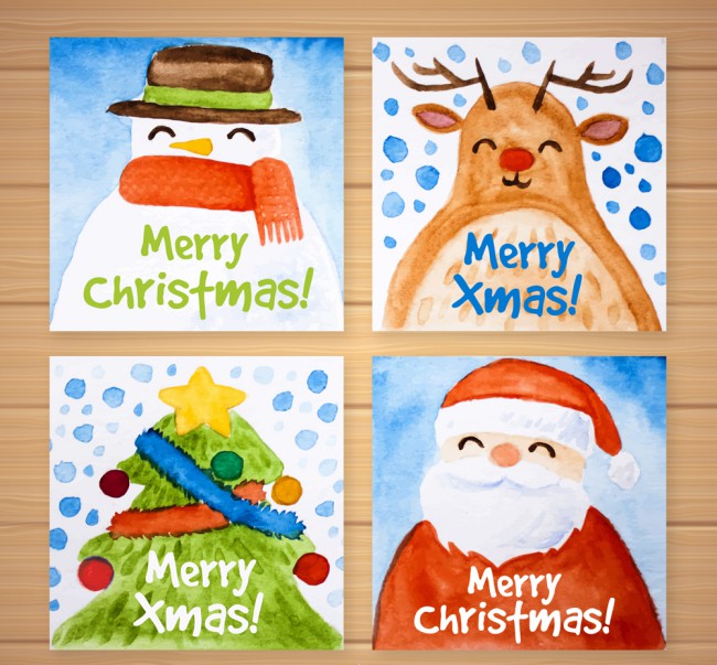 4款水彩绘圣诞节卡片矢量素材素材