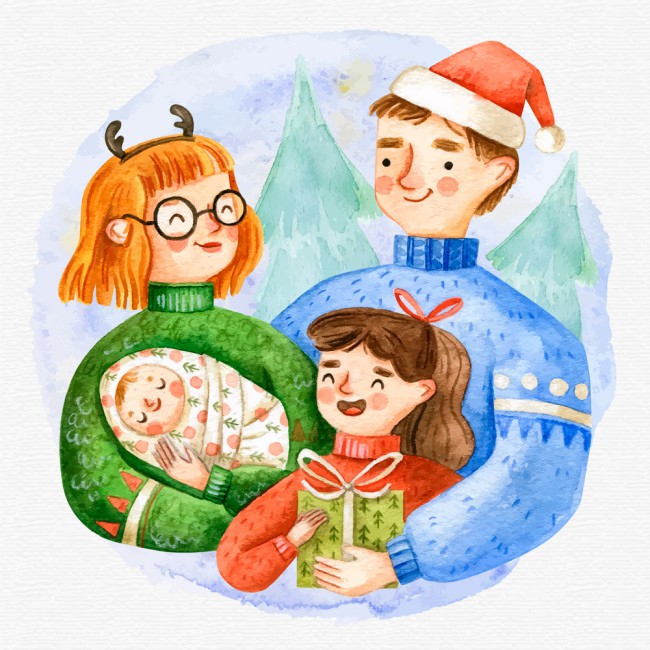 彩绘温馨圣诞四口之家矢量图素材中国网精选