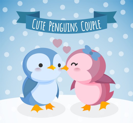 卡通雪花中的企鹅情侣矢量素材16图库网精选