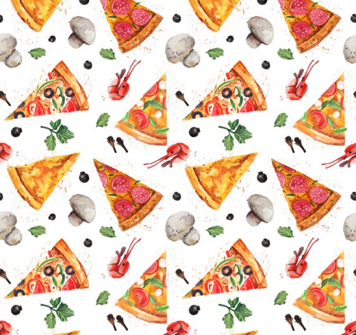 三角披萨和蘑菇无缝背景矢量图普贤居素材网精选