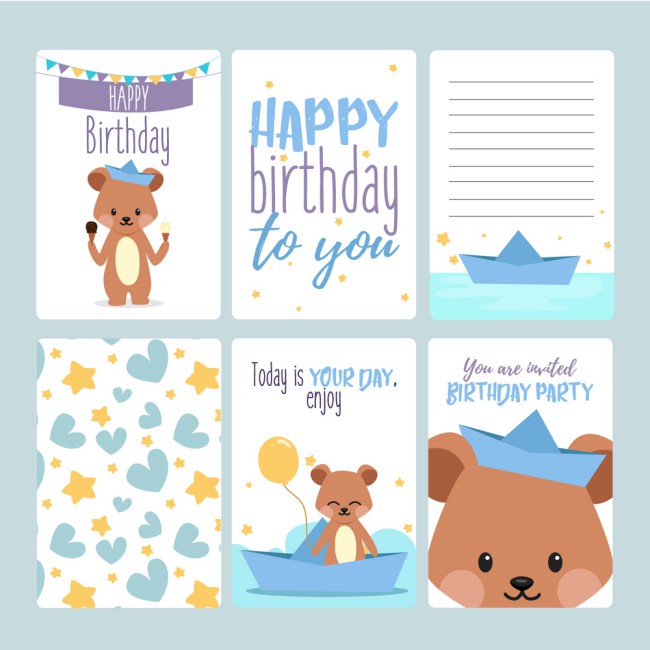 6款可爱熊生日卡片矢量素材素材天
