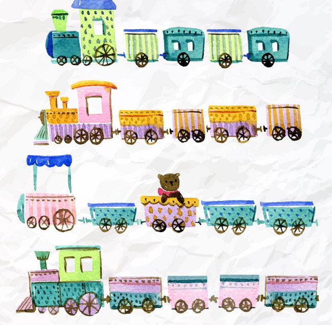 4款彩绘褶皱纸张上的玩具火车矢量图普贤居素材网精选