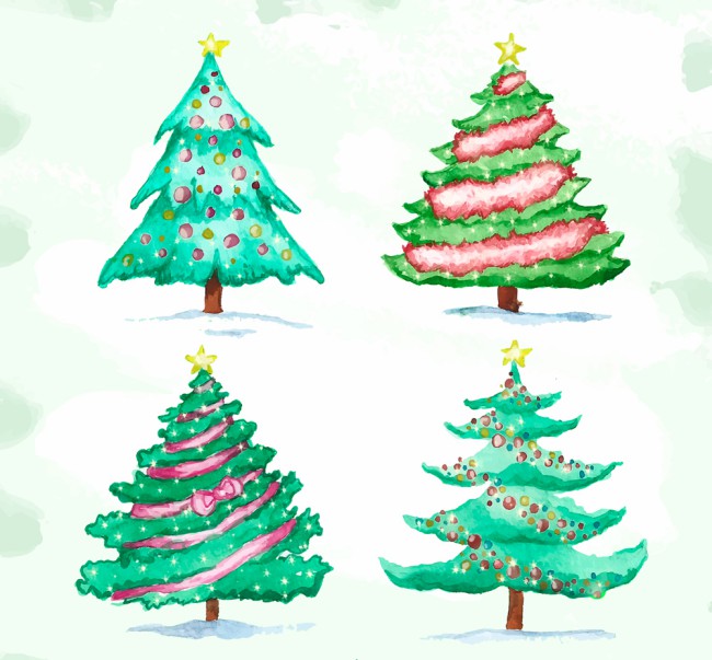 4款水彩绘圣诞树设计矢量图16素材网精选