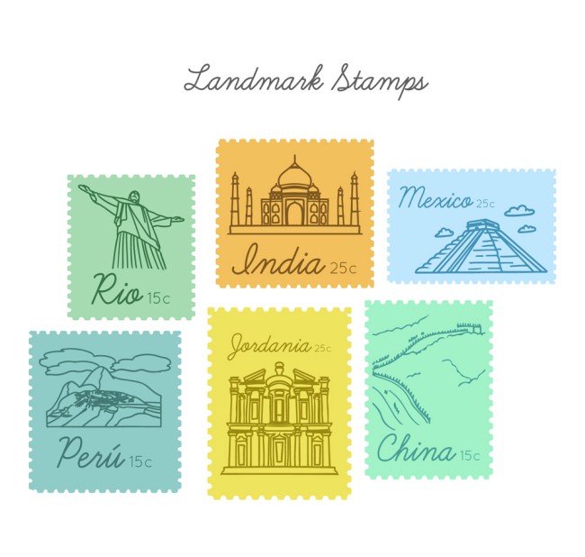 6款手绘旅游地标邮票矢量素材16素