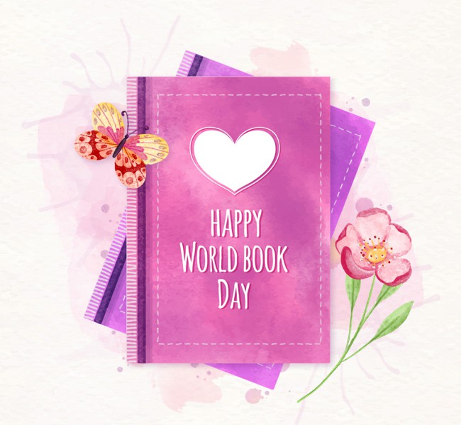 彩绘世界图书日紫色书籍和蝴蝶矢量图16图库网精选