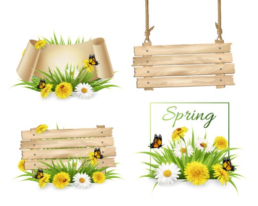 4款春季花卉与蝴蝶装饰木牌矢量图普贤居素材网精选