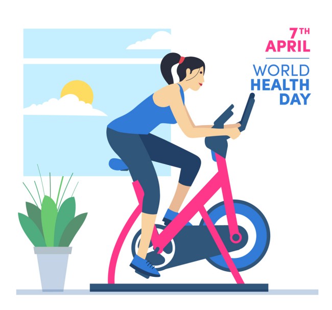 创意世界健康日骑健身车的女子矢量图普贤居素材网精选