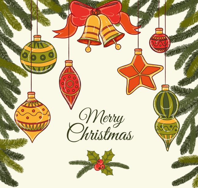 彩绘圣诞松枝和吊球贺卡矢量素材普贤居素材网精选