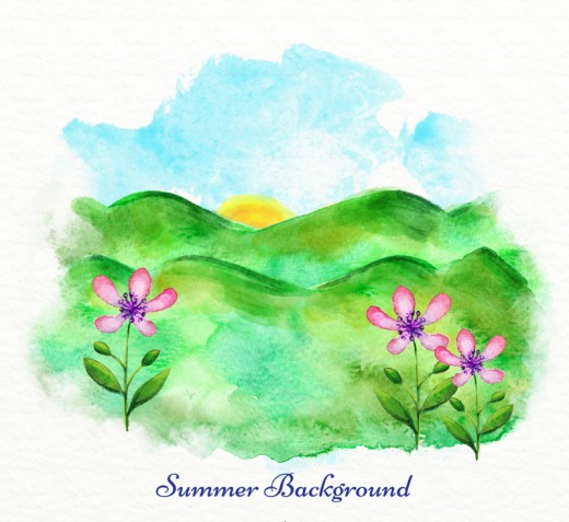 水彩绘夏季山野风景矢量图素材中国