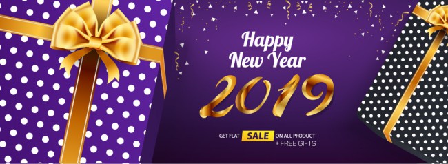 2019年紫色新年促销礼盒海报矢量图
