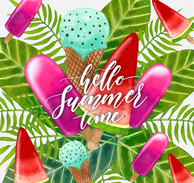 彩色夏季雪糕和棕榈树叶矢量素材16设计网精选