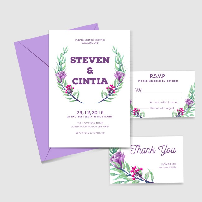 紫色花卉婚礼邀请卡和信封矢量素材普贤居素材网精选