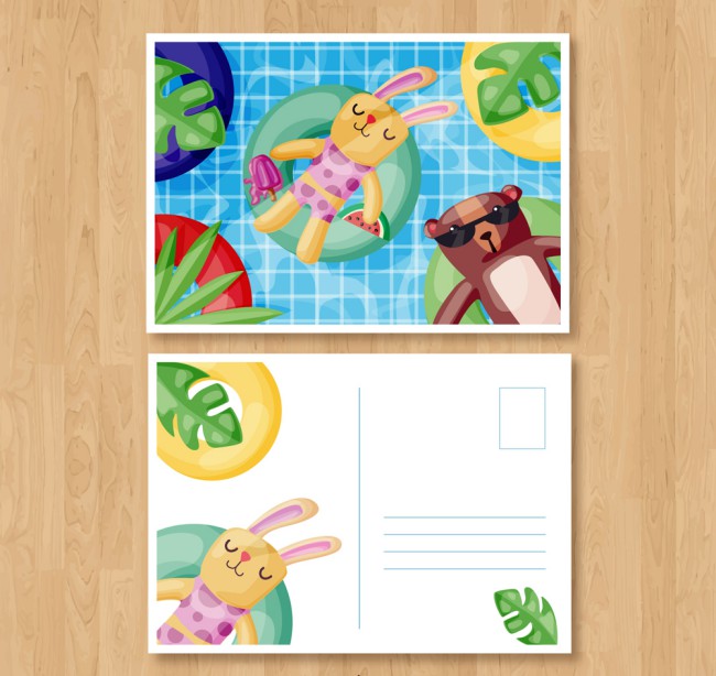 可爱游泳池的兔子和熊明信片矢量图16素材网精选