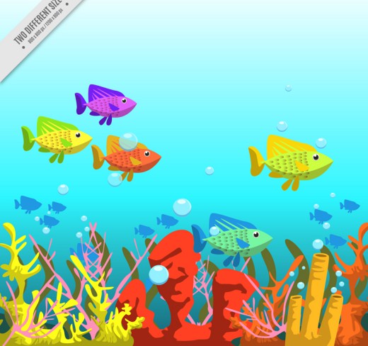 彩色海底世界鱼群和珊瑚矢量素材素
