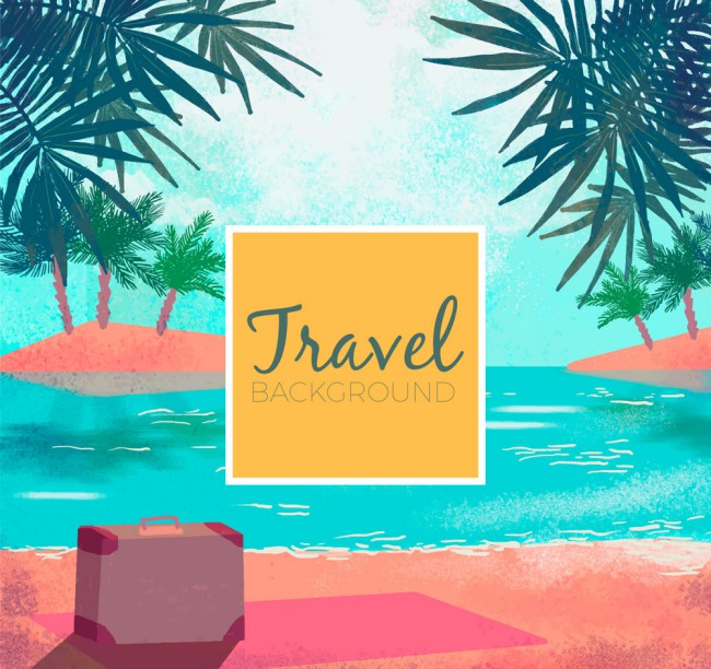 水彩绘旅行度假岛屿和行李箱风景矢量图16素材网精选