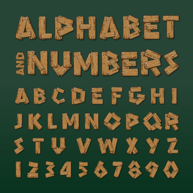 26个木制英文字母和10个数字矢量图16素材网精选