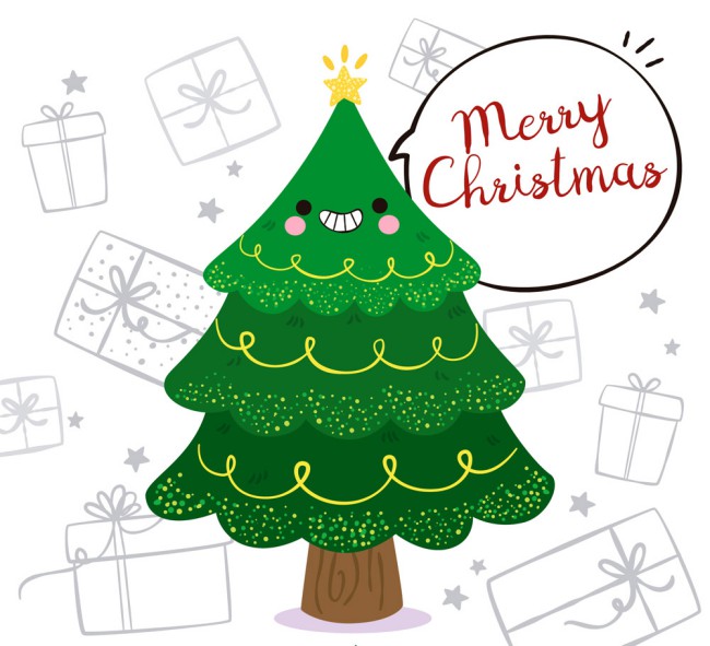 彩绘绿色笑脸圣诞树矢量素材16图库网精选