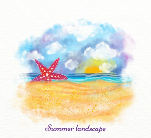 彩绘夏季沙滩上的海星风景矢量图16素材网精选