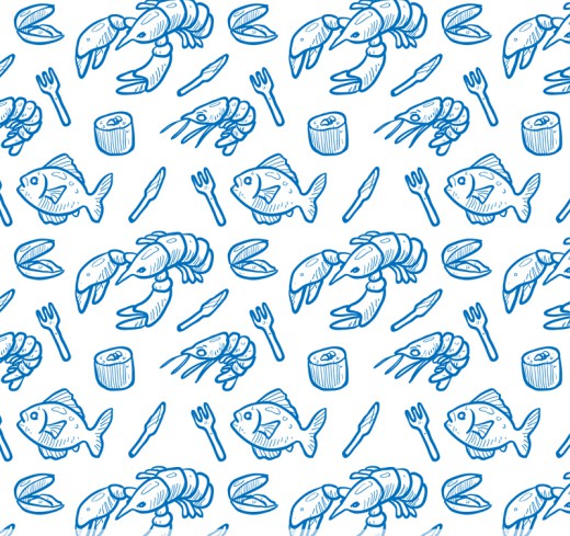 蓝色海鲜食品无缝背景矢量图素材中国网精选