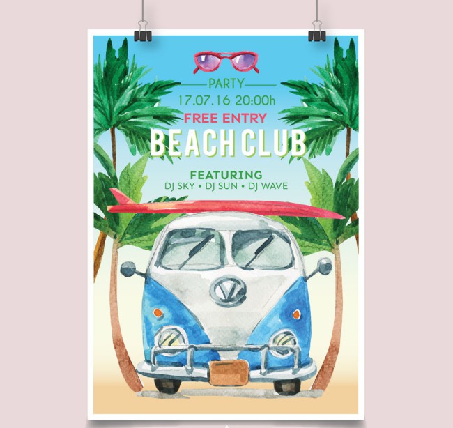 水彩绘沙滩派对海报矢量素材普贤居素材网精选