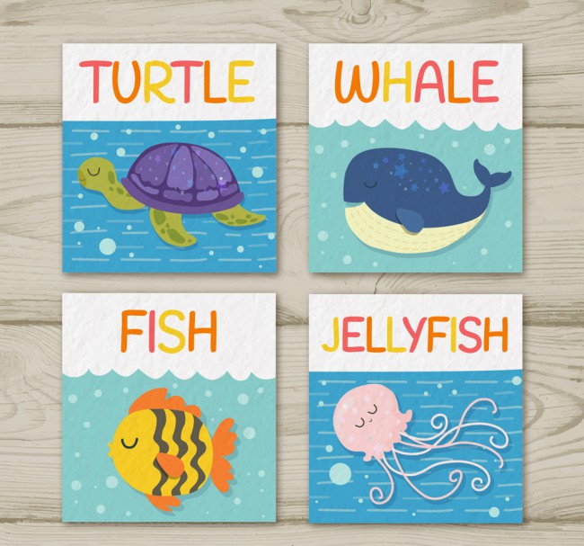 4款彩色海洋生物卡片矢量素材16素材网精选