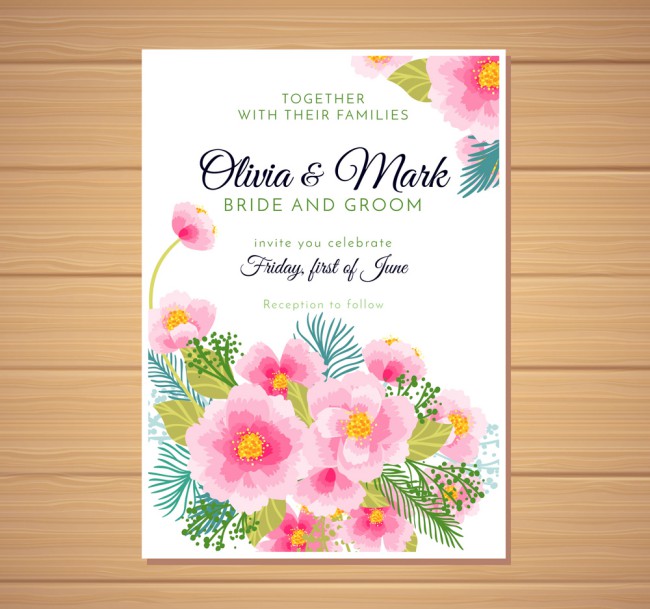 彩绘粉色花卉婚礼邀请卡矢量素材16图库网精选