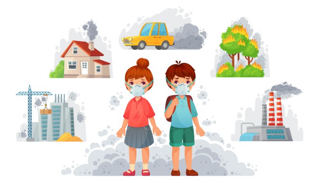 卡通戴口罩儿童和5款环境污染场景矢量图普贤居素材网精选