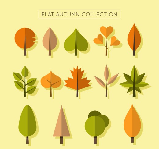 10款彩色秋季树叶和3款树木矢量图普贤居素材网精选