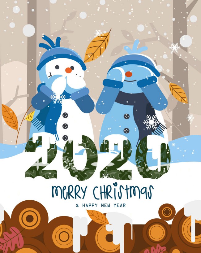 2020年可爱雪人新年贺卡矢量图素材中国网精选