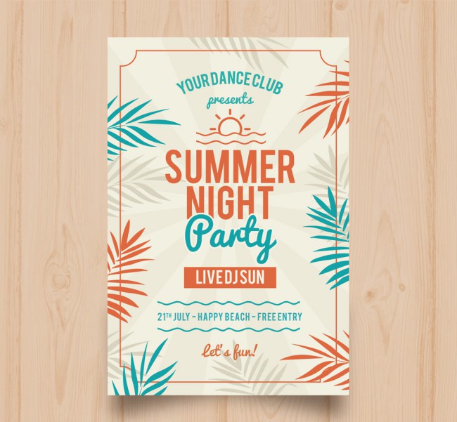 彩色棕榈树叶夏季夜晚派对传单矢量图16设计网精选