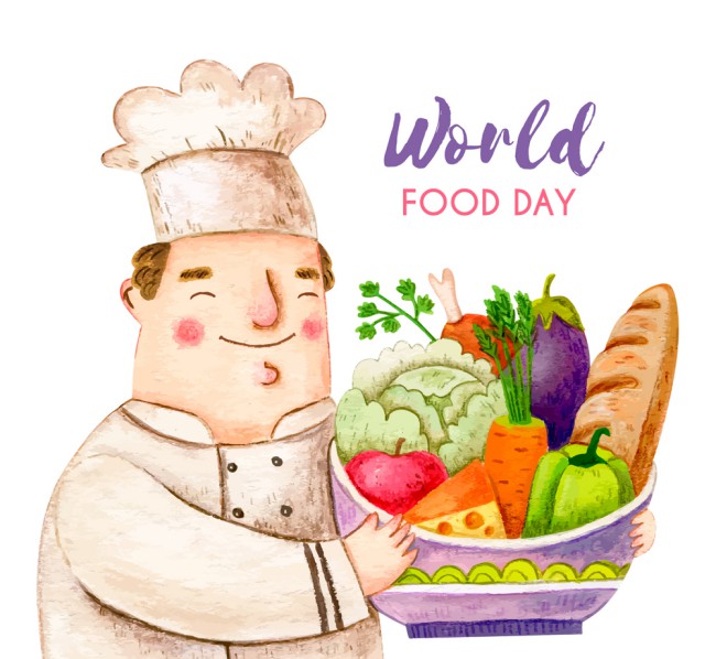 彩绘世界粮食日怀抱食物的厨师矢量图16设计网精选