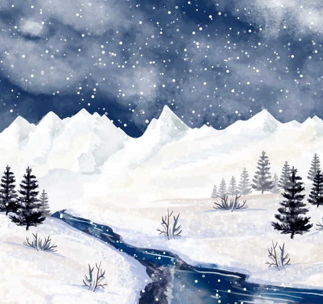 水彩绘冬季河流风景矢量素材16图库网精选