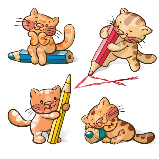 4款卡通猫咪与铅笔矢量素材素材中
