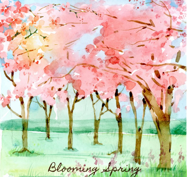 水彩绘粉色樱花树林矢量素材16图库网精选