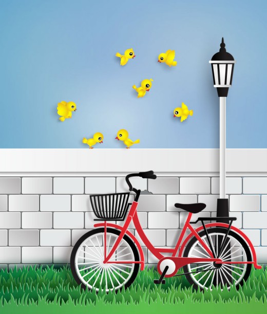停在墙边的单车和黄色小鸟矢量素材普贤居素材网精选