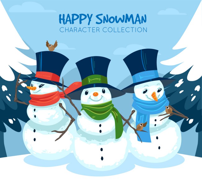 卡通雪中的的3个雪人矢量素材普贤居素材网精选