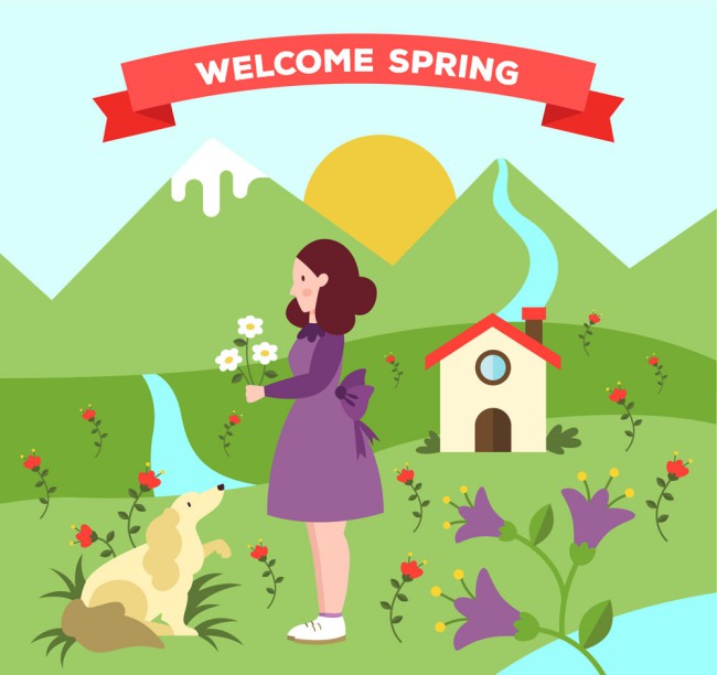 创意春季采花女子和宠物狗矢量图16图库网精选
