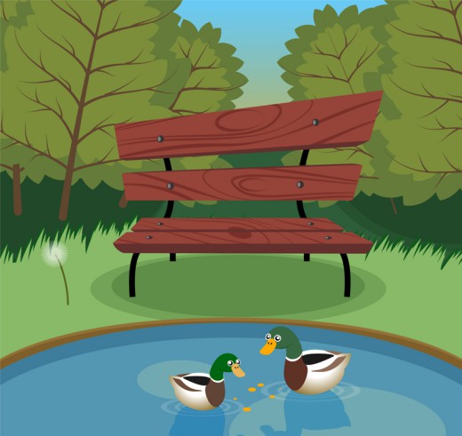 公园中的池塘风景和野鸭矢量素材素