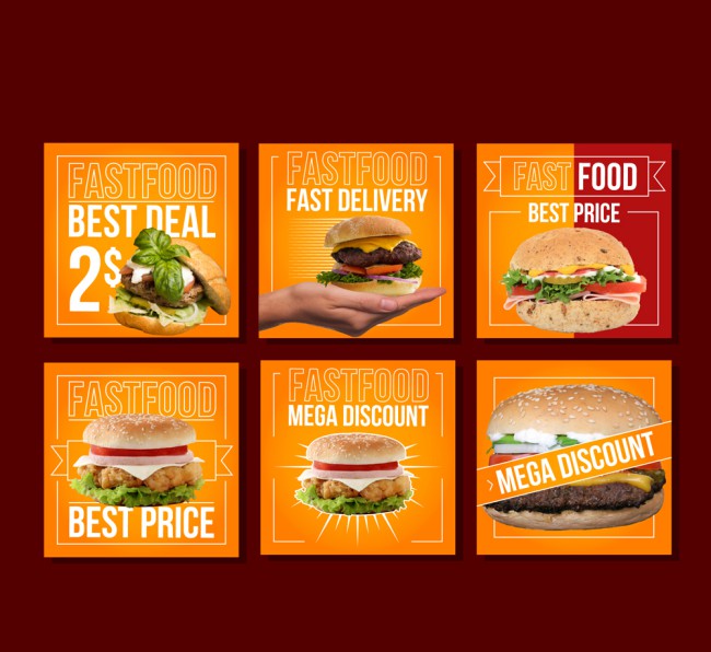 6款美味汉堡包促销卡片矢量素材16图库网精选