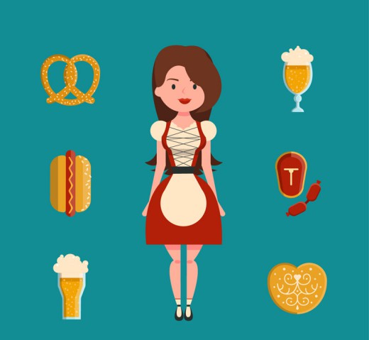 美丽啤酒节女郎和6款食物矢量图素材中国网精选