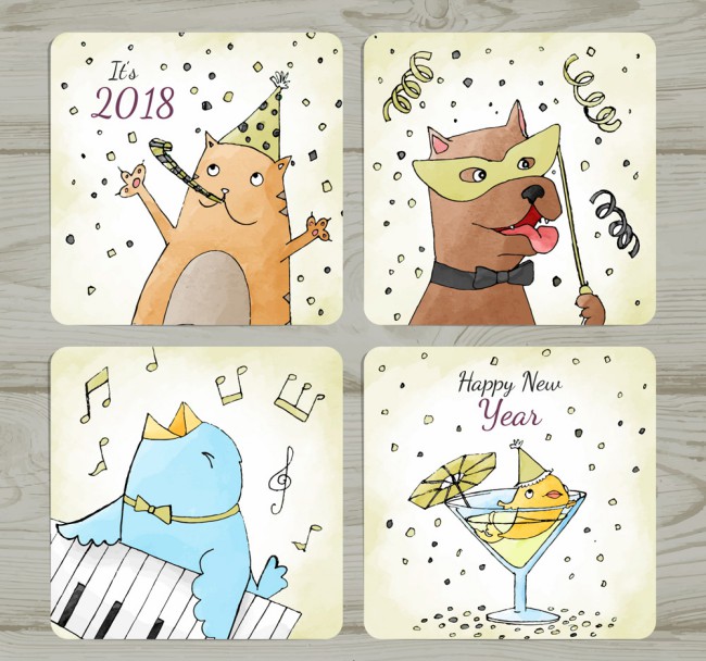 4款彩绘动物新年快乐卡片矢量图普贤居素材网精选