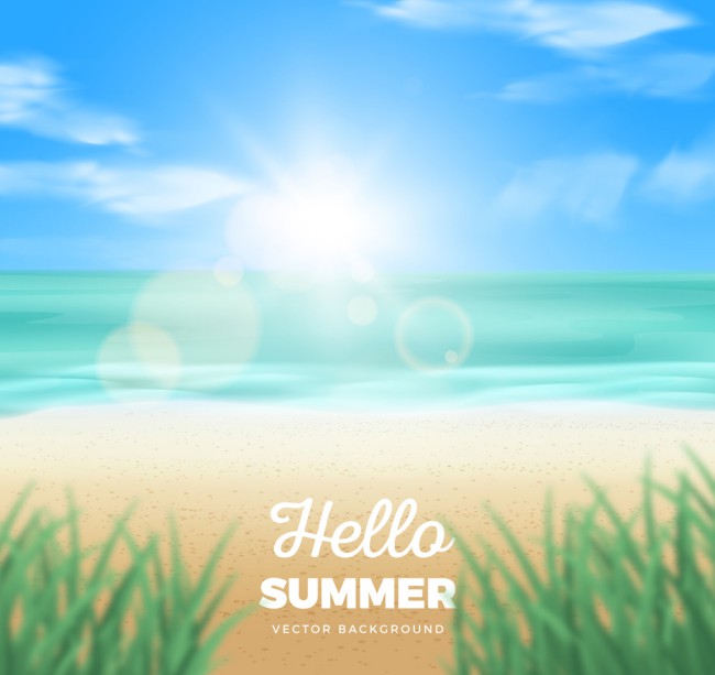 创意你好夏季沙滩大海模糊风景矢量图普贤居素材网精选