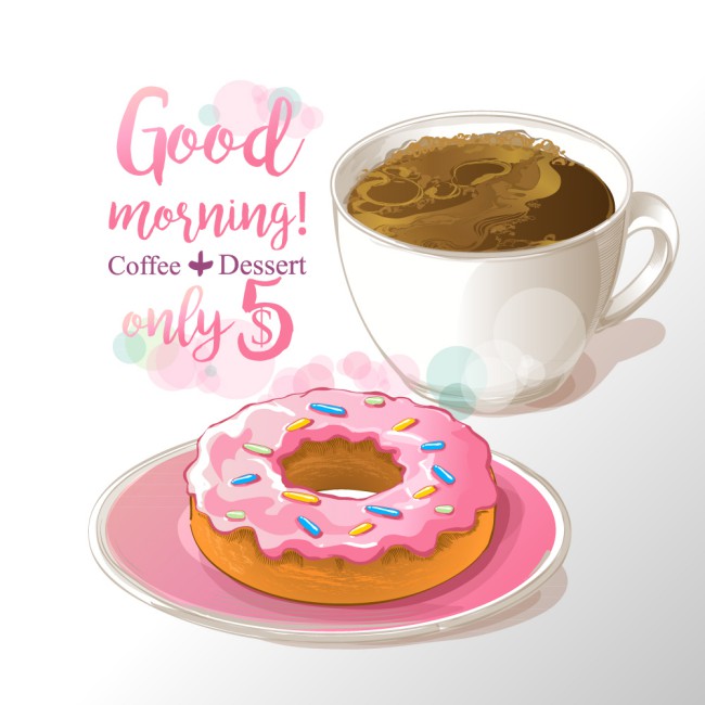 水彩绘早餐甜甜圈和咖啡海报矢量图16素材网精选