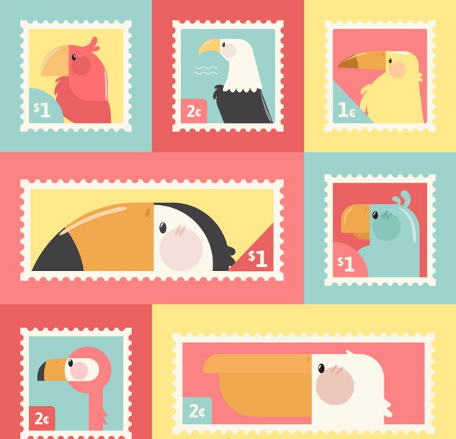 7款彩色鸟类侧影邮票矢量图16设计网精选