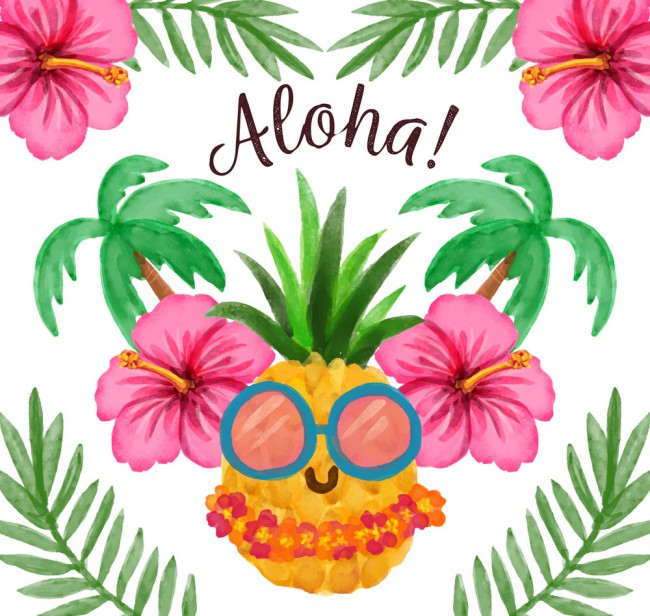 水彩绘夏威夷扶桑花和菠萝矢量图16设计网精选