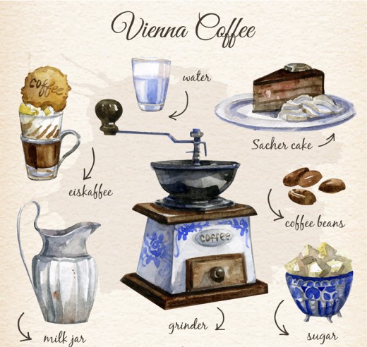 7款水彩绘维也纳咖啡元素矢量素材